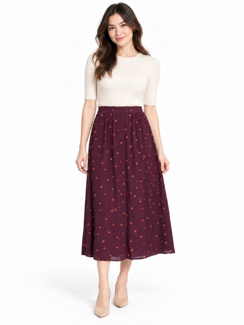 GESTUZ Honey Midi Skirt in Heart Print Burgundy Valentine Red 6 S
